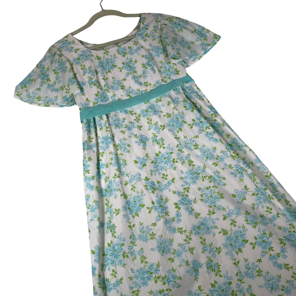 Vintage Handmade Maxi Dress Size S White Blue Floral Empire Waist Flutter Sleeve